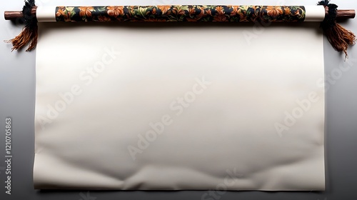 Blank scroll with ornate floral design at the top, showcasing potential for artistic use photo