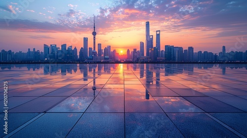 Dawn lighting captured from a bird's eye perspective in a horizontal composition featuring a clear foreground and distant skyscrapers in a contemporary style. photo