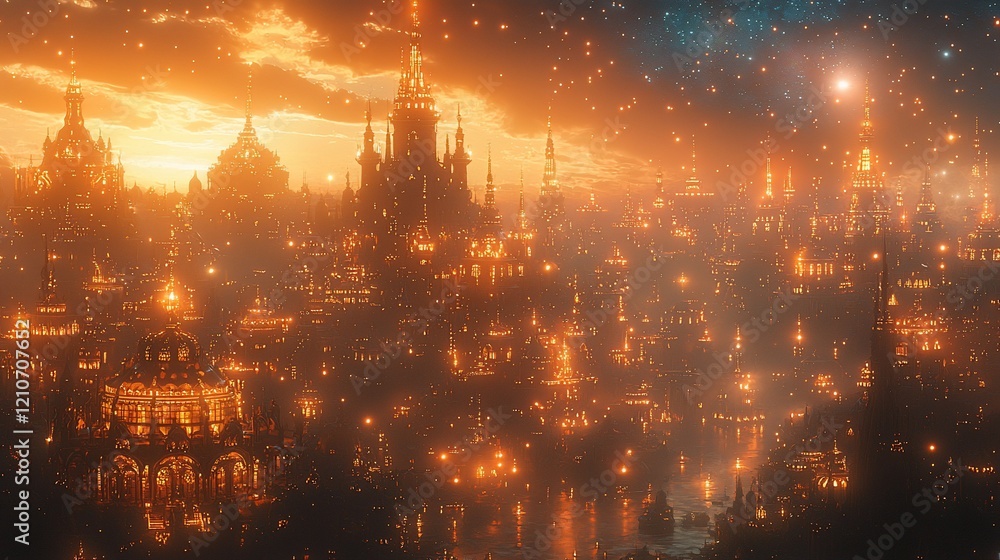 Obraz premium Magical sunset over a glowing fantasy city.