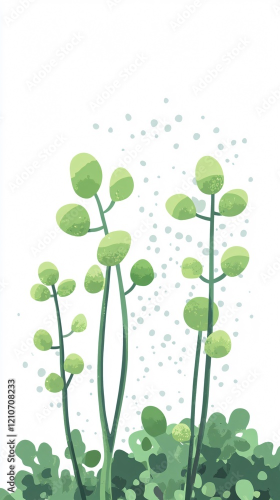 Abstract Green Plants on White Background with Speckled Texture Abstract Green Plants on White Background with Speckled Texture