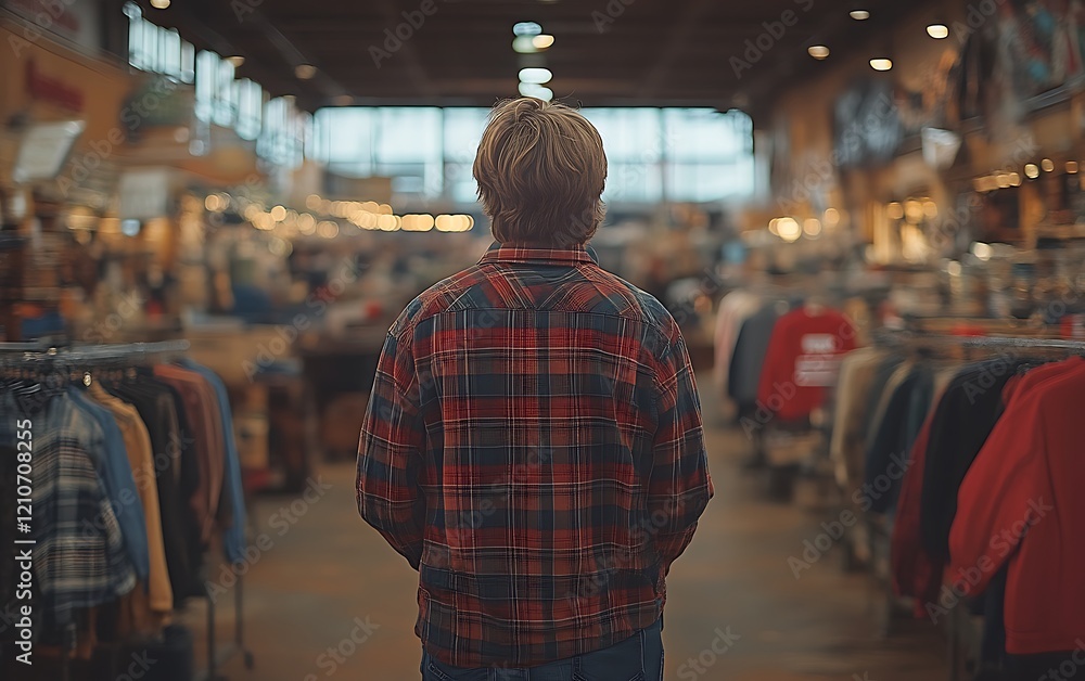 Obraz premium Man shopping in a large vintage clothing store.