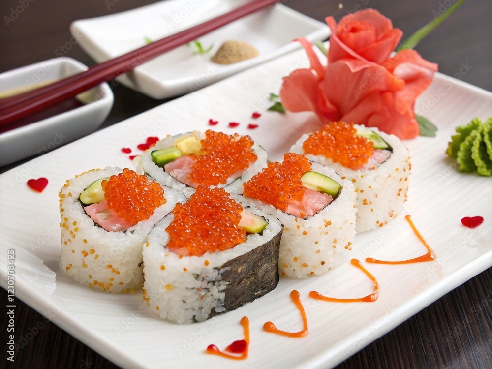 a plate of sushi rolls with various toppings such as caviar, cucumber, and fish eggs, accompanied by a pink flower decoration and a drizzle of sauce. Chopsticks are placed beside the plate. a plate of sushi rolls with various toppings such as caviar, cucumber, and fish eggs, accompanied by a pink flower decoration and a drizzle of sauce. Chopsticks are placed beside the plate.