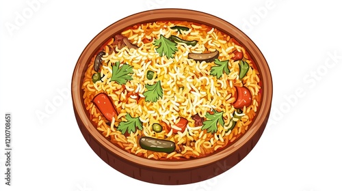Top View of 32-bit Pakistani Biryani in a Vector Cartoon