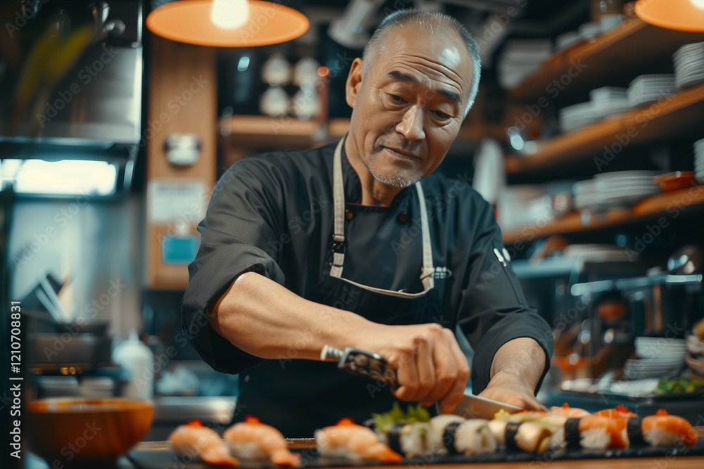 Experienced chef preparing fresh sushi in a vibrant, bustling kitchen atmosphere. Experienced chef preparing fresh sushi in a vibrant, bustling kitchen atmosphere.