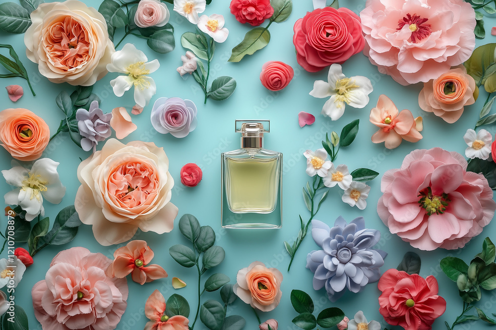 Luxury perfume and floral decor on plastic surface