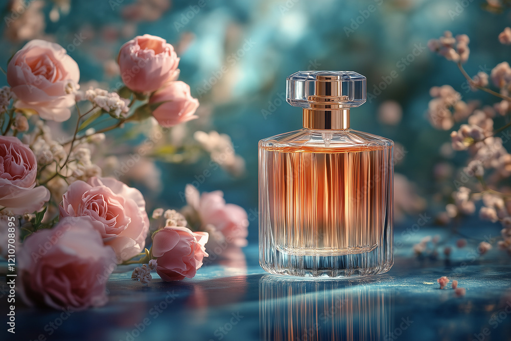 Luxury perfume and floral decor on plastic surface