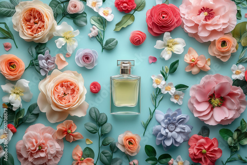 Obraz na płótnie Luxury perfume and floral decor on plastic surface w salonie
