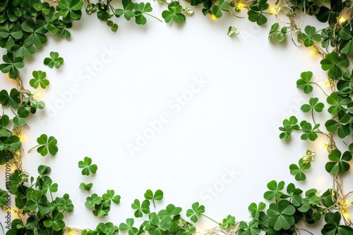 Festive clover border with string lights on white background photo