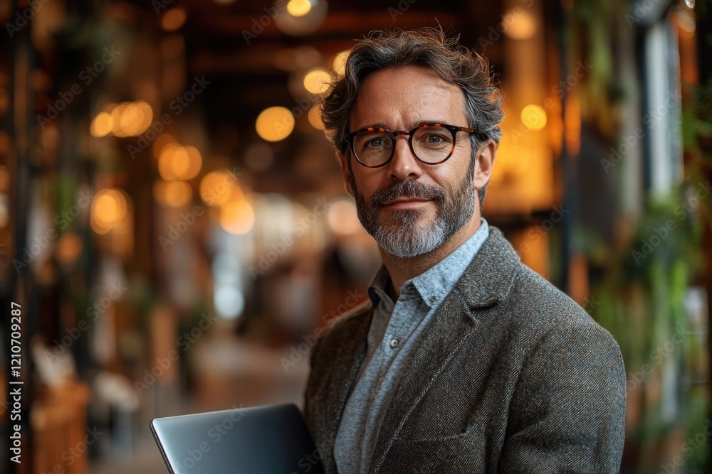 Fototapeta premium A person wearing glasses sits at a desk working on a laptop, possibly studying or writing