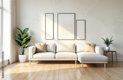 Modern minimalist living room interior design mockup shows white sofa with beige cushions placed against white walls, hardwood floors. Natural light streams through window. Houseplant adds plants to