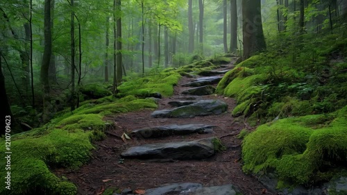 Serene forest path with mosscovered rocks in misty morning light