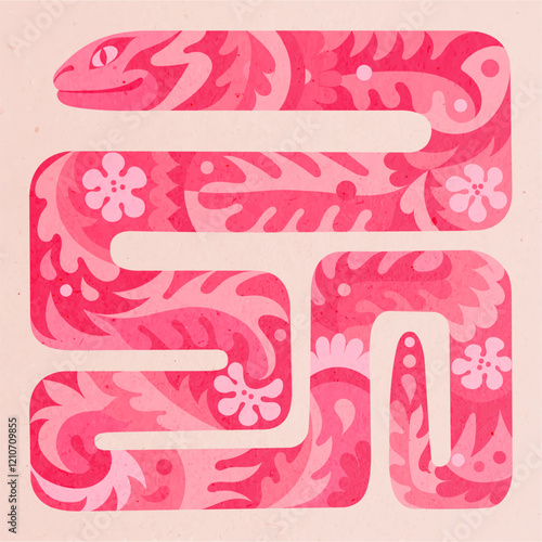 Pink Japanese dragon. Bright ethnic illustration with sakura pattern. The great serpent, the awakening of spring.