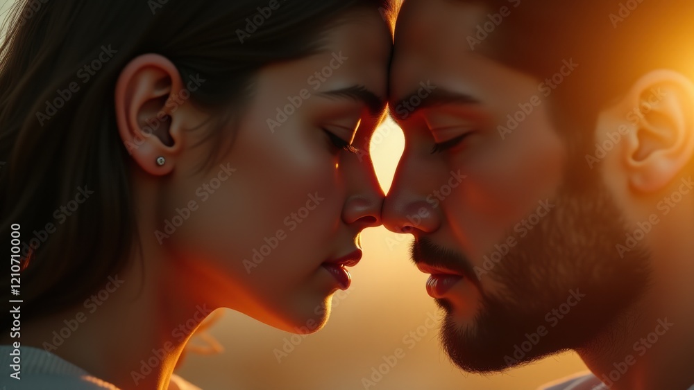 A man and a woman gently touching foreheads in warm sunset light.. A man and a woman gently touching foreheads in warm sunset light..