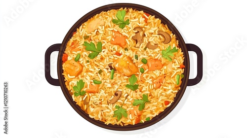 Top View of 32-bit Pakistani Biryani in a Vector Cartoon