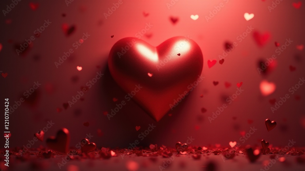 A glowing red heart floating above rose petals with a romantic atmosphere.. A glowing red heart floating above rose petals with a romantic atmosphere..