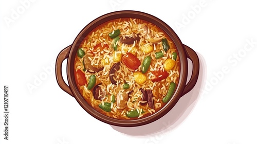 Top View of 32-bit Pakistani Biryani in a Vector Cartoon
