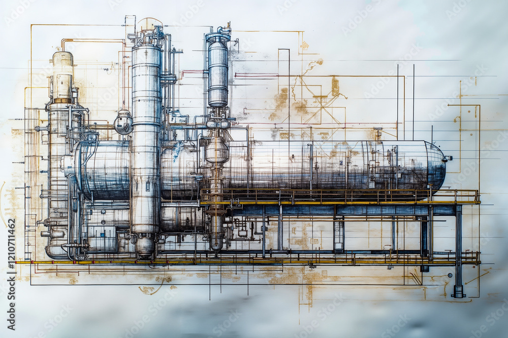 A drawing of a large industrial plant on a blue background A drawing of a large industrial plant on a blue background