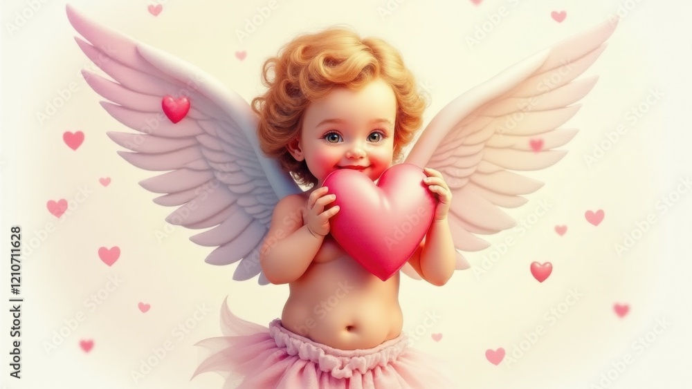 A cheerful cherub with pink wings presenting a heart, symbolizing love and joy A cheerful cherub with pink wings presenting a heart, symbolizing love and joy