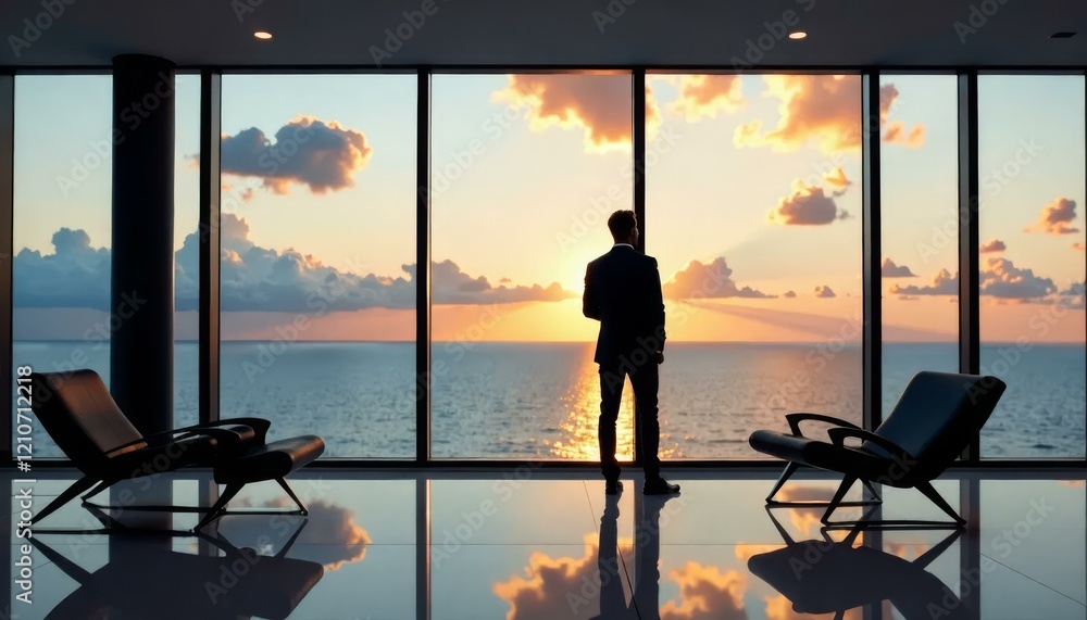 Fototapeta premium Man At Sunset, Ocean View Office, Modern Design, Contemplation