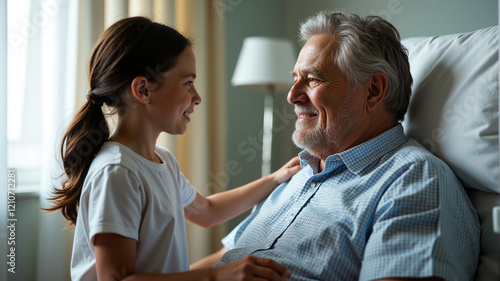 Wallpaper Mural Young girl and elderly man sharing a moment of joy in a bright room while he rests in bed. Concept of family love, generational care, and happiness during illness recovery Torontodigital.ca