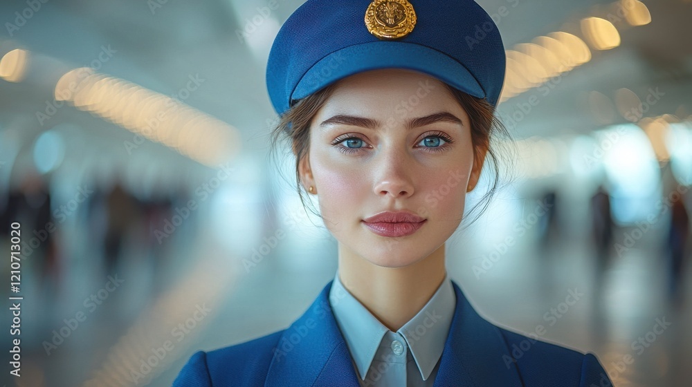 Portrait of a female airport officer with striking blue eyes and a uniform at a busy terminal Portrait of a female airport officer with striking blue eyes and a uniform at a busy terminal