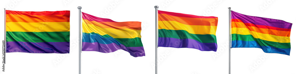 Four colorful rainbow flags waving in the air, showcasing vibrant stripes in various shades of red, orange, yellow, green, blue, and purple. Four colorful rainbow flags waving in the air, showcasing vibrant stripes in various shades of red, orange, yellow, green, blue, and purple.