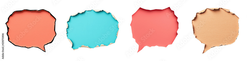 Colorful speech bubbles with jagged edges in various shades, representing dialogue or communication. Colorful speech bubbles with jagged edges in various shades, representing dialogue or communication.