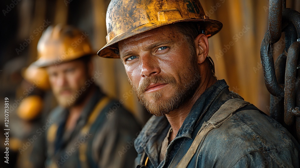 Close-up portrait of a rugged, determined oil worker in a hard hat, with a colleague in the background. Close-up portrait of a rugged, determined oil worker in a hard hat, with a colleague in the background.