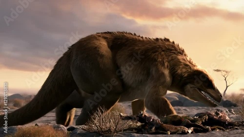 Giant Prehistoric Bear Roaming a Rugged Landscape at Sunset in an Ancient World