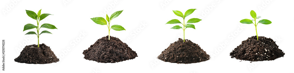 Four small green plants growing from soil mounds, showcasing stages of growth and vitality. Four small green plants growing from soil mounds, showcasing stages of growth and vitality.
