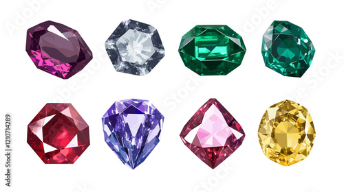 Vector set of precious expensive stones of different crystals shapes sapphire diamond ruby ​​crystal carat emerald yellow green blue gold pearl sparkles on a white background