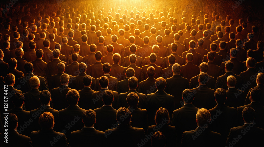 Obraz premium Large crowd of businesspeople in suits viewed from behind, standing in ordered rows with dramatic golden backlighting. Concept of corporate uniformity, workforce, and organizational structure.