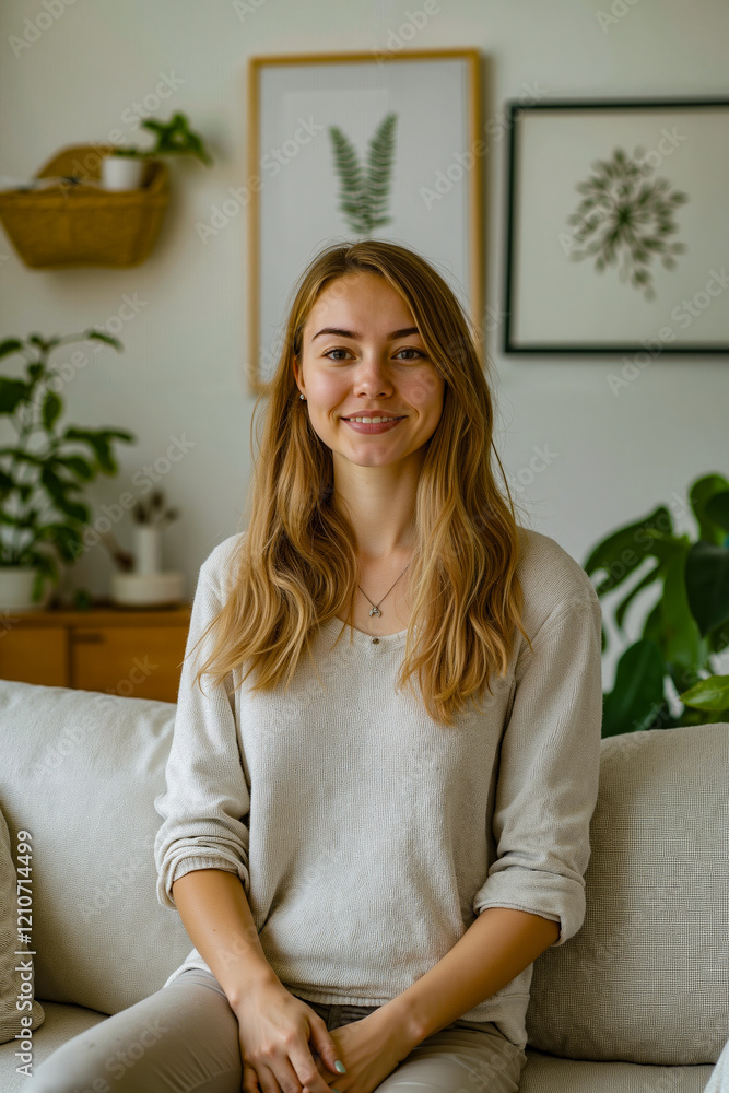 A woman sitting on a couch smiling at the camera A woman sitting on a couch smiling at the camera
