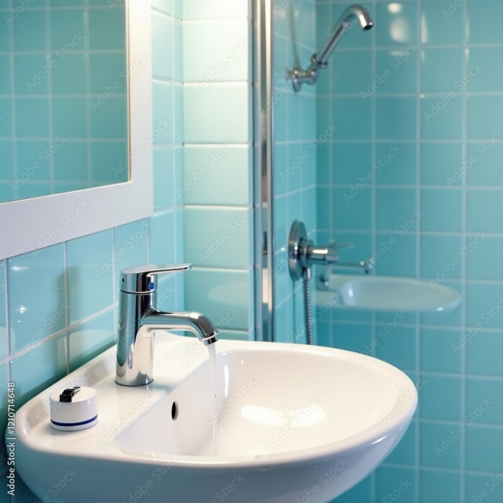 Sparkling bathroom with a splash of toothpaste, cleanliness, sink, shower Sparkling bathroom with a splash of toothpaste, cleanliness, sink, shower