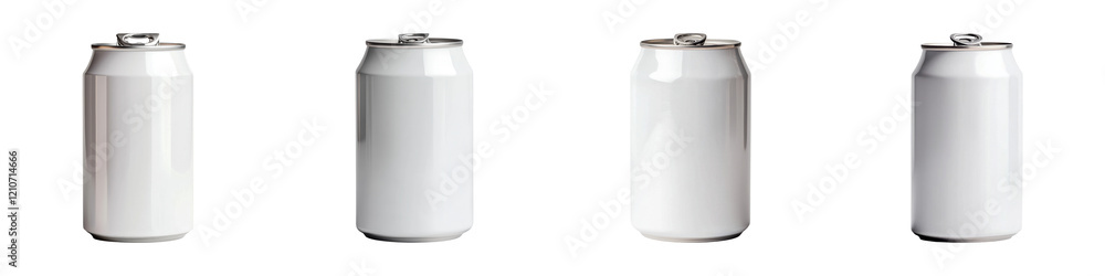 Four white beverage cans displayed in various orientations, showcasing their cylindrical shape and smooth surface. Four white beverage cans displayed in various orientations, showcasing their cylindrical shape and smooth surface.