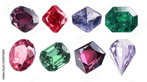 Vector set of precious expensive stones of different crystals shapes sapphire diamond ruby ​​crystal carat emerald yellow green blue gold pearl sparkles on a white background