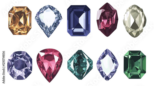 Vector set of precious expensive stones of different crystals shapes sapphire diamond ruby ​​crystal carat emerald yellow green blue gold pearl sparkles on a white background
