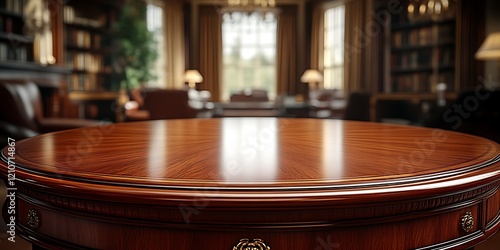 Polished wood round table in luxury library.