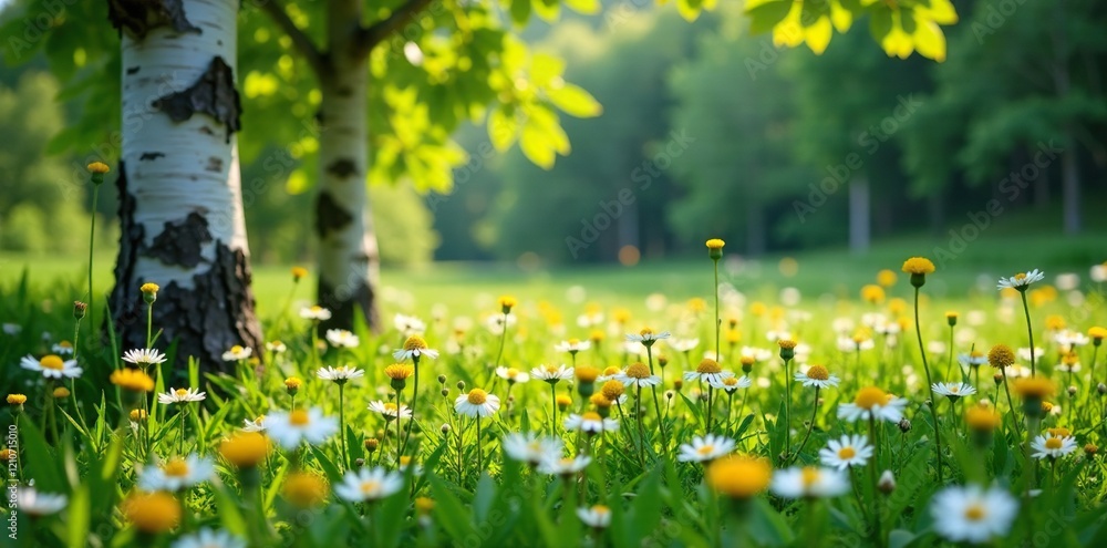 Fototapeta premium False chamomile in abundance under birch trees, birch tree, false chamomile, summer landscape