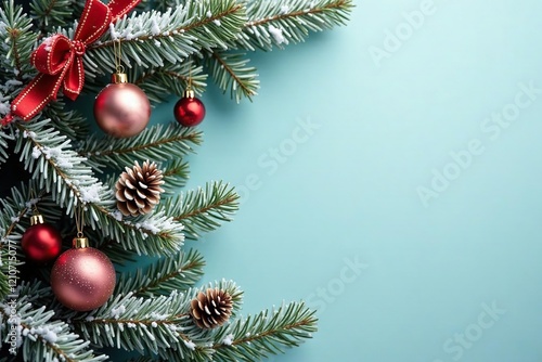 Wallpaper Mural Snow-covered fir tree branches with ornaments, pinecones, and ribbons, decoration, ornament, evergreen Torontodigital.ca