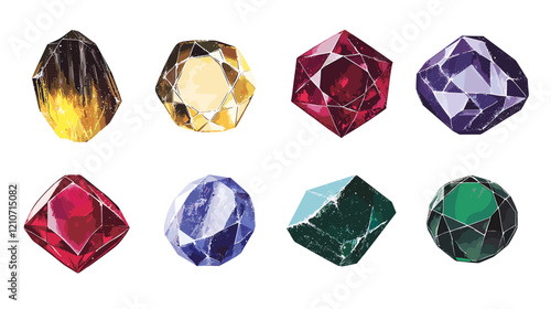 Vector set of precious expensive stones of different crystals shapes sapphire diamond ruby ​​crystal carat emerald yellow green blue gold pearl sparkles on a white background