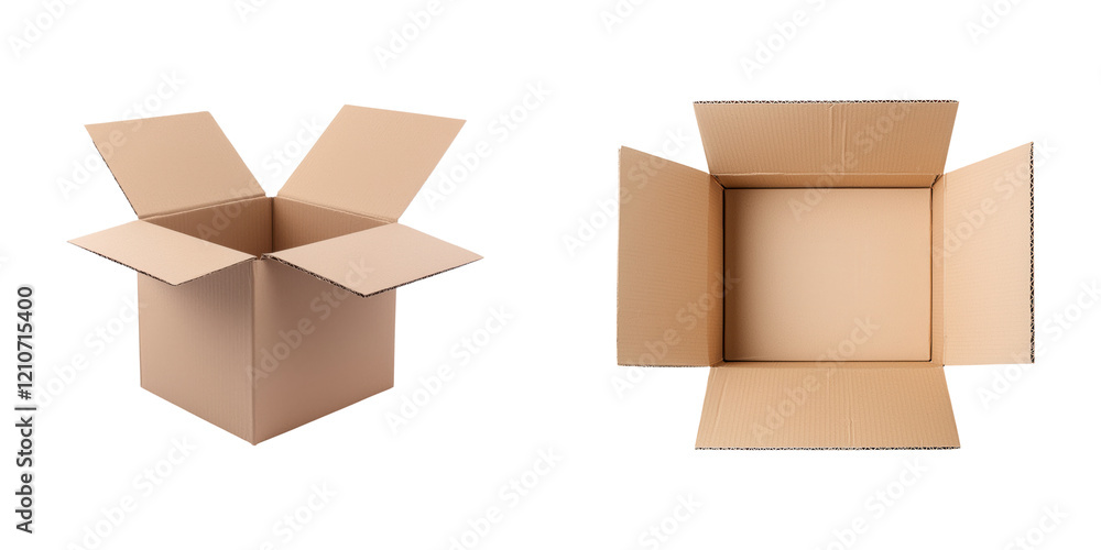 Two cardboard boxes in different orientations, one opened and the other in a closed position, showcasing their structural alternative. Two cardboard boxes in different orientations, one opened and the other in a closed position, showcasing their structural alternative.