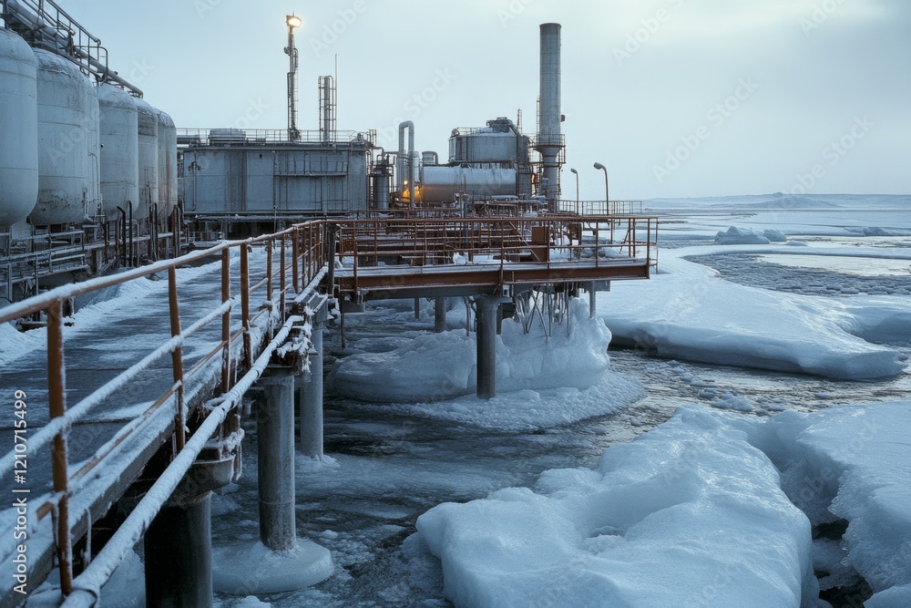 Obraz premium An Arctic industrial facility stands amidst icy surroundings, the stark architecture merging with a frozen seascape and muted sky.