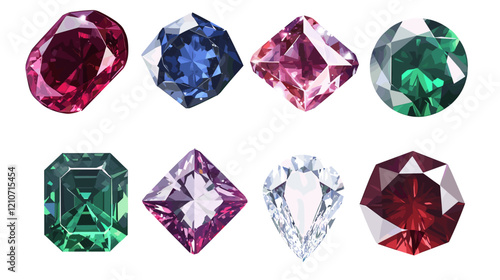 Vector set of precious expensive stones of different crystals shapes sapphire diamond ruby ​​crystal carat emerald yellow green blue gold pearl sparkles on a white background