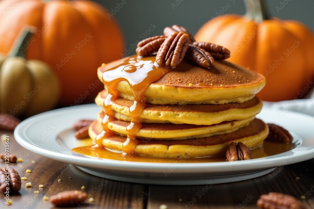 Stack of pumpkin pancakes with caramel and pecans, breakfast table, breakfast Stack of pumpkin pancakes with caramel and pecans, breakfast table, breakfast