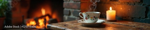 Wallpaper Mural Steaming teacup on a rustic wooden side table beside a vintage-inspired fireplace, rustic, candle Torontodigital.ca