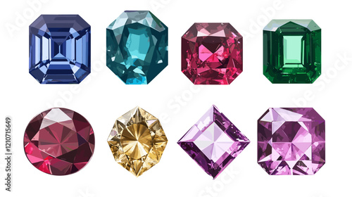 Vector set of precious expensive stones of different crystals shapes sapphire diamond ruby ​​crystal carat emerald yellow green blue gold pearl sparkles on a white background