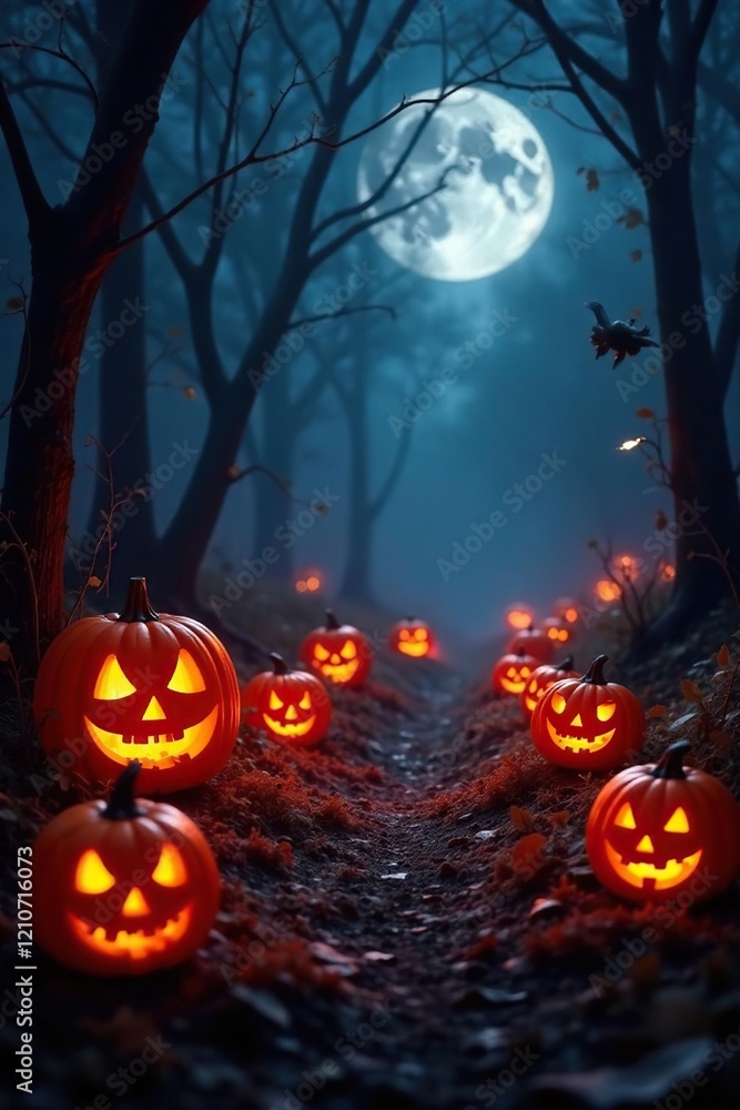 Flickering jack-o-lanterns illuminate a spooky night scene amidst white gauze backdrop, spookiness, eerie, darkness Flickering jack-o-lanterns illuminate a spooky night scene amidst white gauze backdrop, spookiness, eerie, darkness