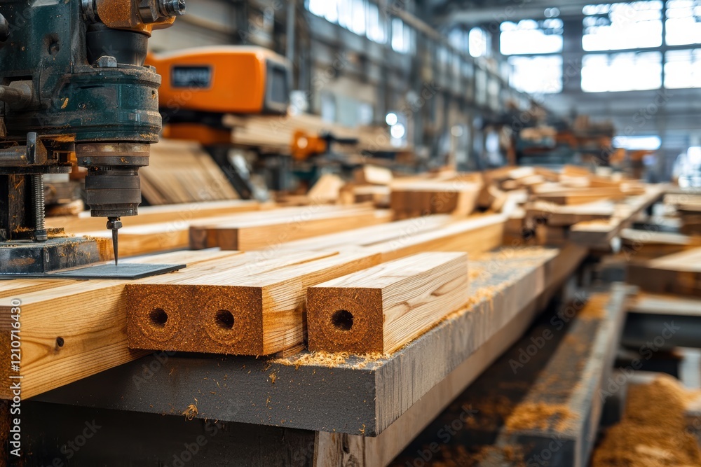 Woodworking technologies displayed in a bustling workshop with various timber pieces