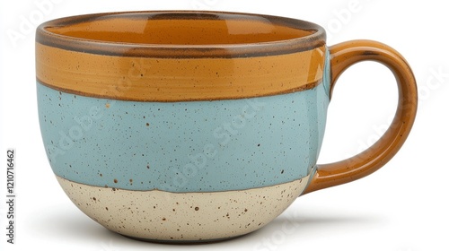 Mug Brown, blue stripes, white base. Still. Use kitchen photo